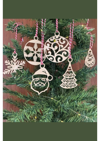 Buffer® 6 Parça Kırmızı Beyaz Ipli Noel Babalı ve Kar Tanesi Model Ahşap Yılbaşı Ağaç Süsü