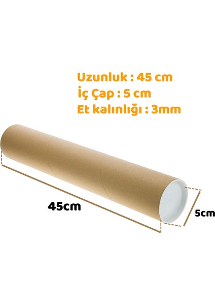 Postüp Kapaklı Silindir Kutu Karton Rulo Gönderi Poster Afiş Harita Tüpü 5 Adet 5 cm x 45 cm