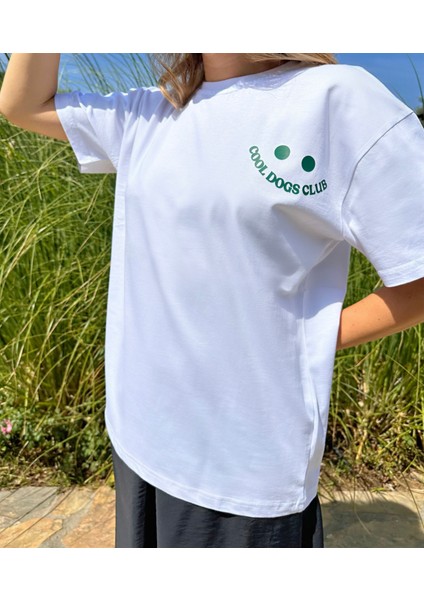 Cool Dogs Club Baskılı Unisex Pamuk Beyaz T-Shirt