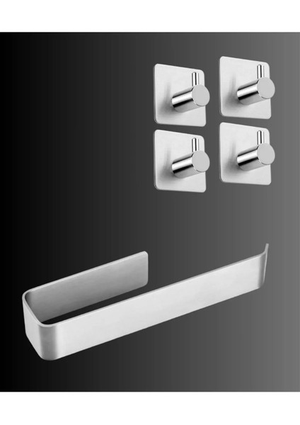 Paslanmaz Çelik Yapışkanlı Havluluk ve 4 Adet Askılık Set Inox