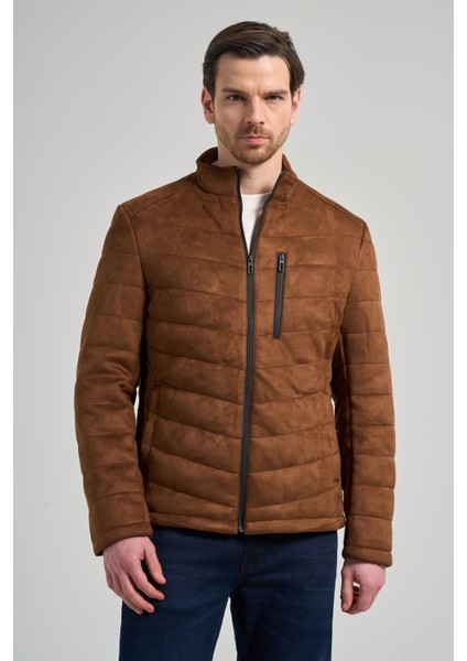 Kahverengi Dik Yaka Yan Cep Dolum Şişme Standart Fit Esnek Casual Deri Mont 1038245167