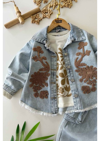 Panç Işleme Detaylı Etnik Kız Çocuk 3 lü kot takım - Kahverengi fiyatları