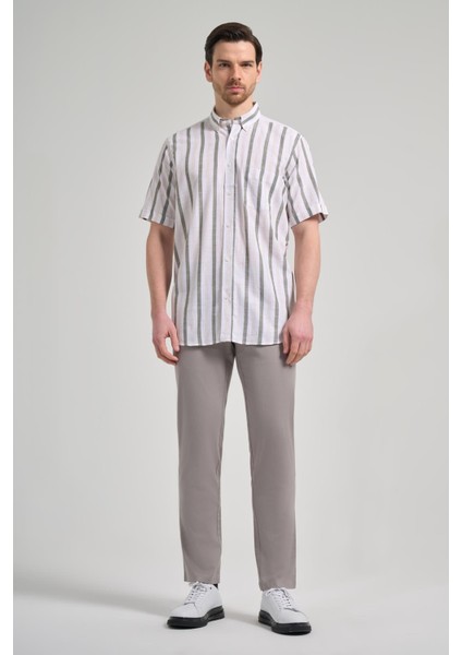 Kısa Kol Çizgili Desen Bez Ayağı Düğmeli Yaka Cepli Pamuklu Casual Comfort Fit Gömlek 1004250167 fiyatları