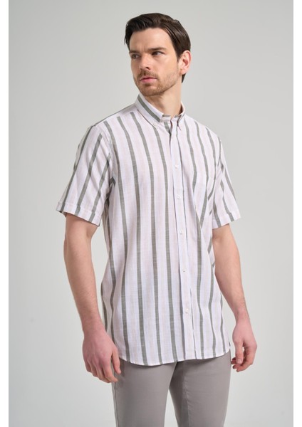 Kısa Kol Çizgili Desen Bez Ayağı Düğmeli Yaka Cepli Pamuklu Casual Comfort Fit Gömlek 1004250167 modelleri