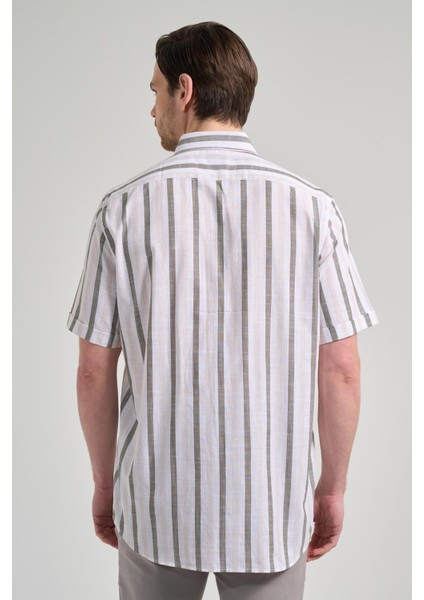 Kısa Kol Çizgili Desen Bez Ayağı Düğmeli Yaka Cepli Pamuklu Casual Comfort Fit Gömlek 1004250167 indirimleri