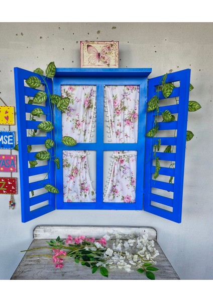Ahşap Dekoratif Panjurlu Pencere, Mavi, Bahçe Balkon Dekoru İçin ,100X75 cm
