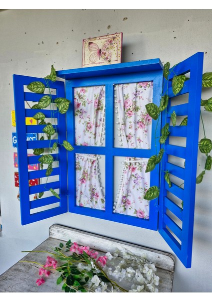 Ahşap Dekoratif Panjurlu Pencere, Mavi, Bahçe Balkon Dekoru İçin ,100X75 cm fiyatları