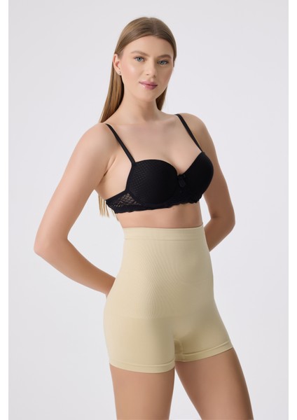 Ekstra Yüksek Bel Göbek Toparlayıcı Mini Boxer Korse, Şekillendirici Şort Ten
