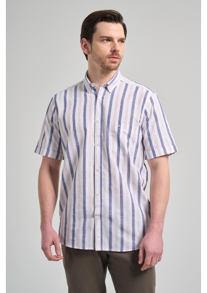 Kısa Kol Çizgili Desen Bez Ayağı Düğmeli Yaka Cepli Pamuklu Casual Comfort Fit Gömlek 1004250167
