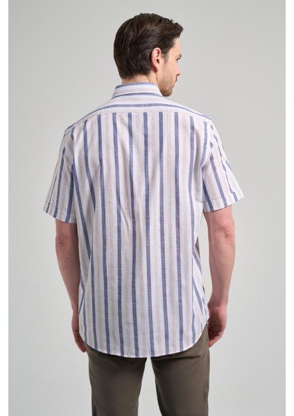 Kısa Kol Çizgili Desen Bez Ayağı Düğmeli Yaka Cepli Pamuklu Casual Comfort Fit Gömlek 1004250167 indirimleri