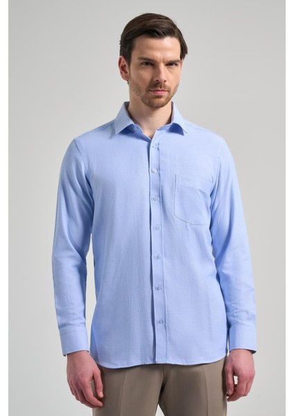 Mavi Sert Yaka Düz Classic Pamuklu Comfort Fit Gömlek 1004250213