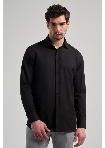 Siyah Sert Yaka Düz Classic Pamuklu Comfort Fit Gömlek 1004250213