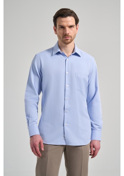 Uzun Kol Desenli Armürlü Sert Yaka Cepli Pamuklu Classic Comfort Fit Gömlek 1004250171