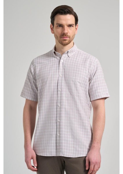 Kısa Kol Kareli Desen Bez Ayağı Düğmeli Yaka Cepli Pamuklu Classic Comfort Fit Gömlek 1004250165