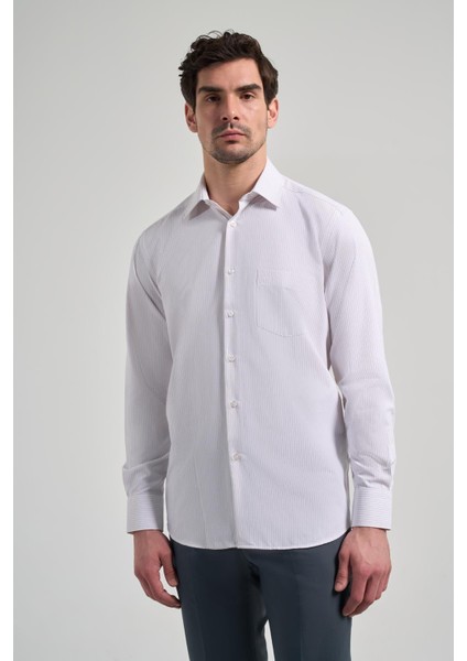 Uzun Kol Çizgili Desen Bez Ayağı Sert Yaka Cepli Pamuklu Classic Comfort Fit Gömlek 1004250172