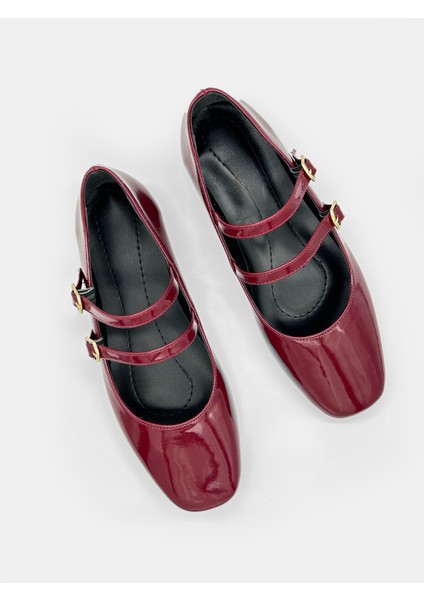 Kadın Bordo Rugan Çift Şeritli Mary Jane Babet Rahat Taban indirimleri