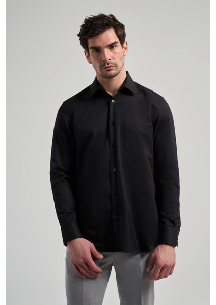 Uzun Kol Desenli Armürlü Sert Yaka Cepli Pamuklu Classic Comfort Fit Gömlek 1004250171