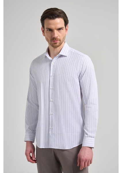 Uzun Kol Çizgili Desen Bez Ayağı Italyan Yaka Cepsiz Pamuklu Classic Slim Fit Gömlek 1004250181