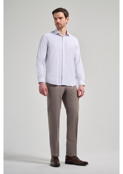 Uzun Kol Çizgili Desen Bez Ayağı Italyan Yaka Cepsiz Pamuklu Classic Slim Fit Gömlek 1004250181 fiyatları