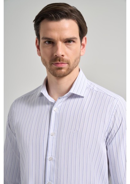 Uzun Kol Çizgili Desen Bez Ayağı Italyan Yaka Cepsiz Pamuklu Classic Slim Fit Gömlek 1004250181 fırsatları