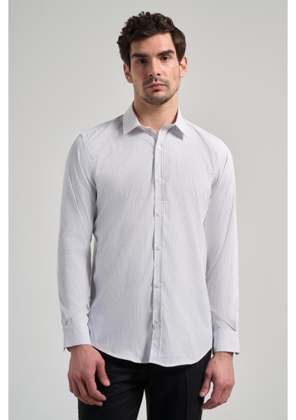 Beyaz Uzun Kol Çizgili Desen Bez Ayağı Yarım Italyan Yaka Cepsiz Esnek Classic Slim Fit Gömlek 1004245217