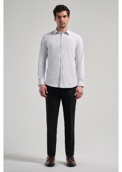 Beyaz Uzun Kol Çizgili Desen Bez Ayağı Yarım Italyan Yaka Cepsiz Esnek Classic Slim Fit Gömlek 1004245217 fiyatları