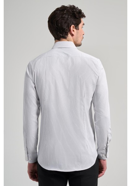 Beyaz Uzun Kol Çizgili Desen Bez Ayağı Yarım Italyan Yaka Cepsiz Esnek Classic Slim Fit Gömlek 1004245217 indirimleri