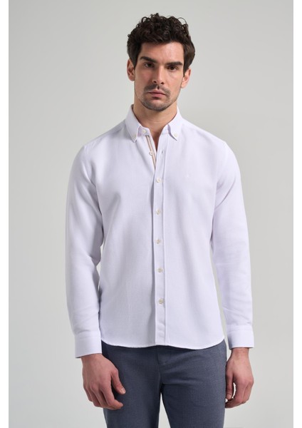 Uzun Kol Desenli Armürlü Düğmeli Yaka Cepsiz Pamuklu Casual Slim Fit Gömlek 1004250206