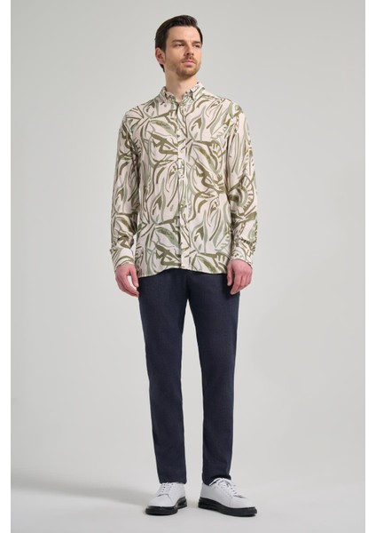 Koyu Haki Uzun Kol Baskılı Düğmeli Yaka Cepsiz Casual Slim Fit Gömlek 1004250138 fiyatları