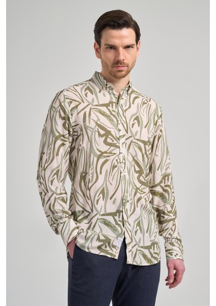 Koyu Haki Uzun Kol Baskılı Düğmeli Yaka Cepsiz Casual Slim Fit Gömlek 1004250138 modelleri