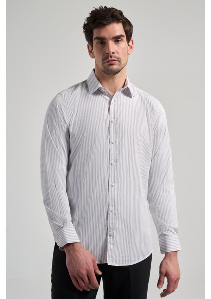 Beyaz Uzun Kol Desen Yarım İtalyan Yaka Cepsiz esnek Classic Slim Fit Gömlek 1004245220