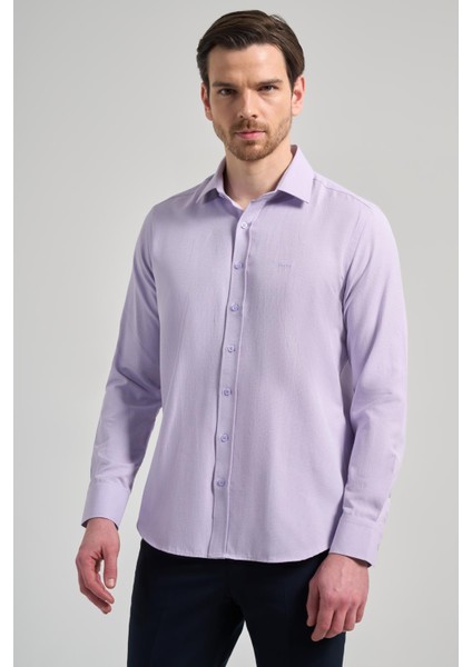 Lila Sert Yaka Düz Classic Pamuklu Slim Fit Gömlek 1004250214