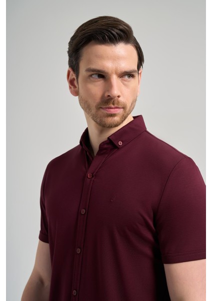 Bordo Kısa Kol Düz Örme Italyan Yaka Düğmeli Cepsiz Pamuklu Classic Slim Fit Gömlek 1004250156_900 fırsatları