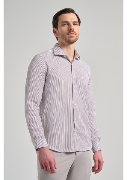 Uzun Kol Çizgili Desen Bez Ayağı Italyan Yaka Cepsiz Pamuklu Classic Slim Fit Gömlek 1004250180 modelleri