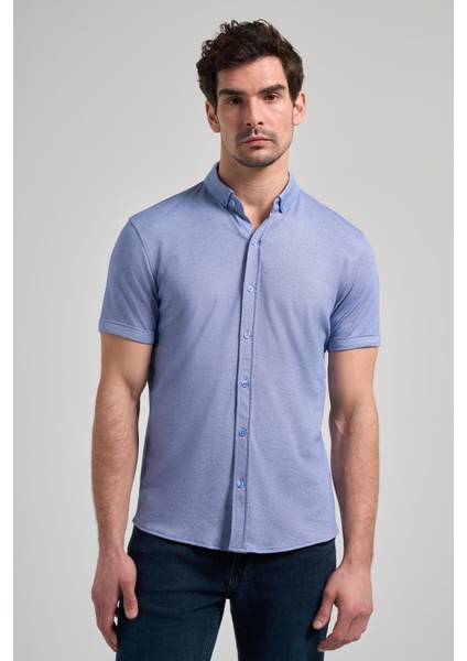 Saks Uzun Kol Düz Örme Düğmeli Yaka Cepsiz Pamuklu Classic Slim Fit Gömlek 1004250152_305