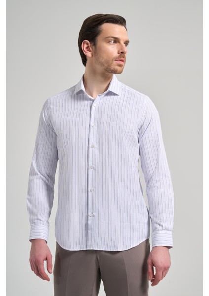 Uzun Kol Çizgili Desen Bez Ayağı Italyan Yaka Cepsiz Pamuklu Classic Slim Fit Gömlek 1004250181 modelleri