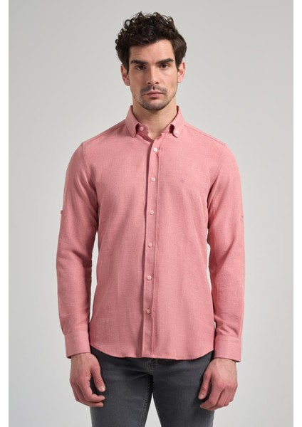 Pembe Kısalabilir Kol Düz Gabardin Düğmeli Yaka Cepsiz Casual Slim Fit Gömlek 1004250124_965