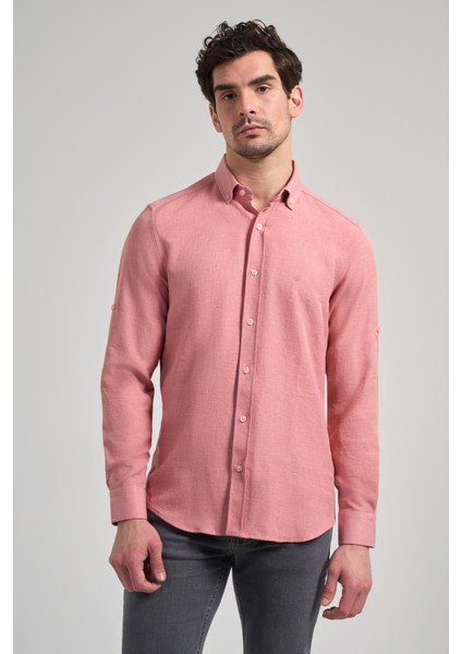 Pembe Kısalabilir Kol Düz Gabardin Düğmeli Yaka Cepsiz Casual Slim Fit Gömlek 1004250124_965 modelleri