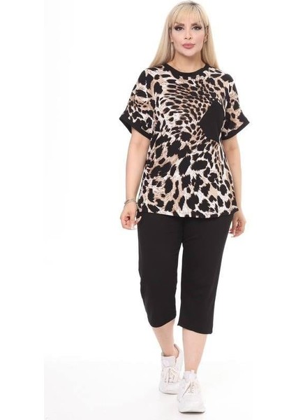 Kadın Alt-Üst Kısa Kol Kapri 2'li Likralı Cep Detay Leopar Desen Penye Takım