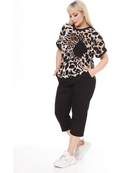 Kadın Alt-Üst Kısa Kol Kapri 2'li Likralı Cep Detay Leopar Desen Penye Takım fiyatları