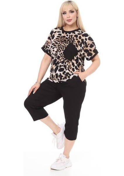 Kadın Alt-Üst Kısa Kol Kapri 2'li Likralı Cep Detay Leopar Desen Penye Takım modelleri