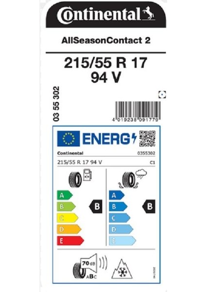215/55 R17 94V All Season Contact 2 Oto Dört Mevsim Lastik (Üretim YILI:2025 )