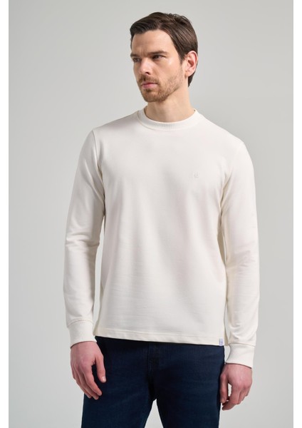 Açık Krem Uzun Kol Düz Örme Bisiklet Yaka Cepsiz Pamuklu Sweatshirt modelleri