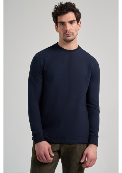 Koyu Lacivert Uzun Kol Düz Örme Bisiklet Yaka Cepsiz Pamuklu Sweatshirt