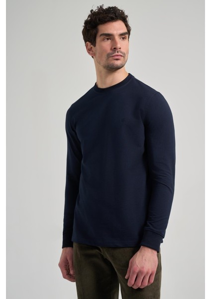 Koyu Lacivert Uzun Kol Düz Örme Bisiklet Yaka Cepsiz Pamuklu Sweatshirt modelleri