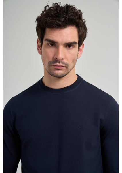 Koyu Lacivert Uzun Kol Düz Örme Bisiklet Yaka Cepsiz Pamuklu Sweatshirt fırsatları