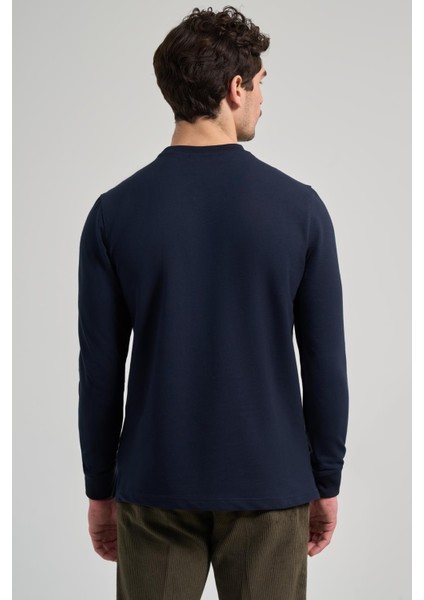 Koyu Lacivert Uzun Kol Düz Örme Bisiklet Yaka Cepsiz Pamuklu Sweatshirt indirimleri