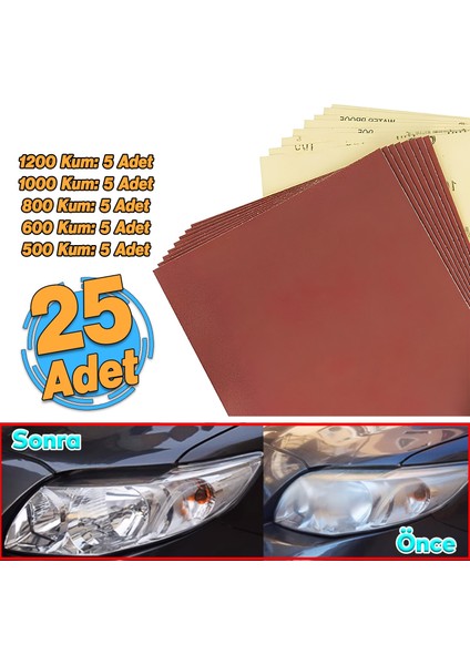 (25 Adet) Far Temizleme Su Zımparası Kağıt Kağıdı İnce Kalın Kum Set 1200-1000-800-600-500 Kum