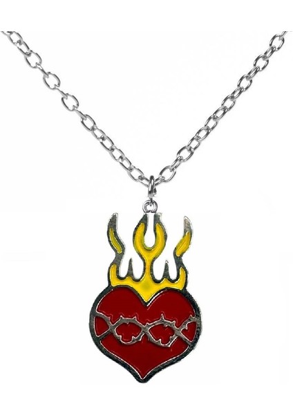 Gothic Fire Red Heart Gotik Alevli Kalp Renkli Burgulu Zincirli Kolye