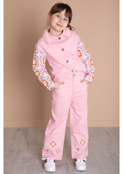 Pembe Nakış Detaylı Kolları Dantel Kız Çocuk Alt Üst Takım 20336